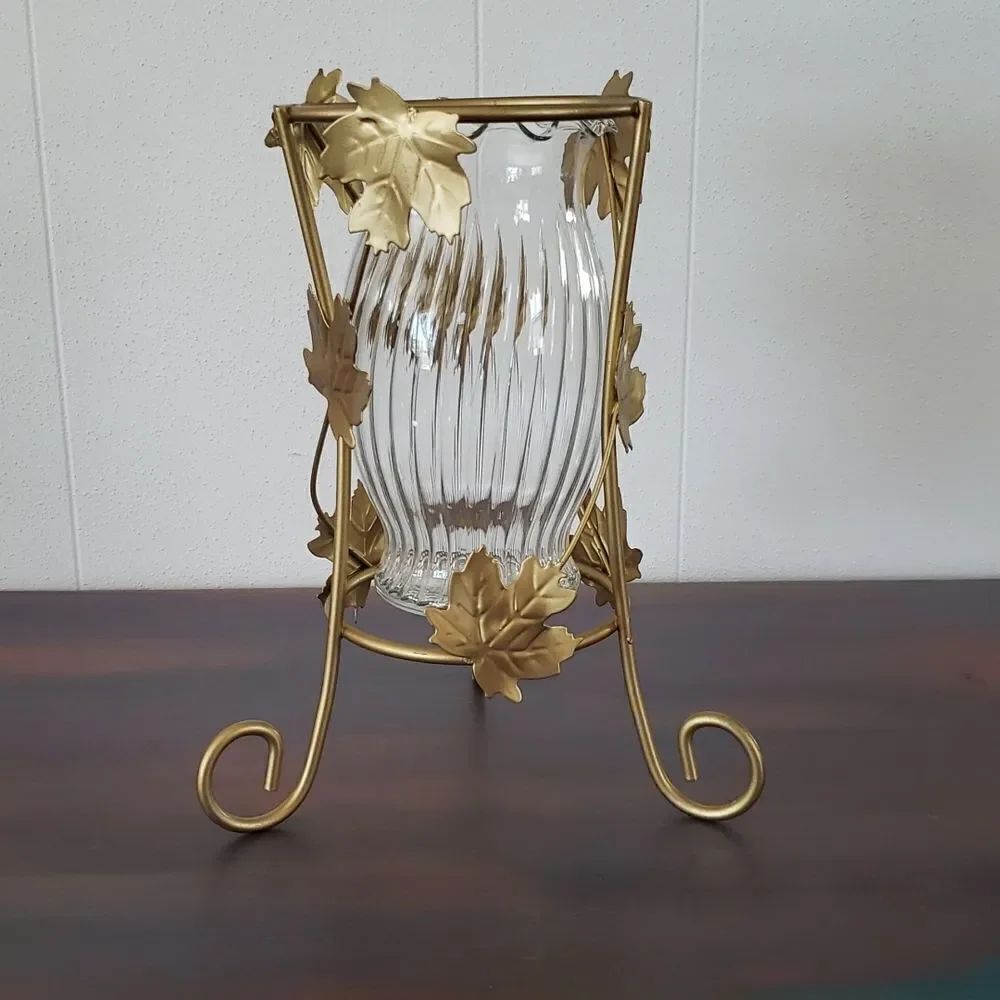 Pretty Gold Stand Leaf Design Vase/Candle Holder with Glass Container